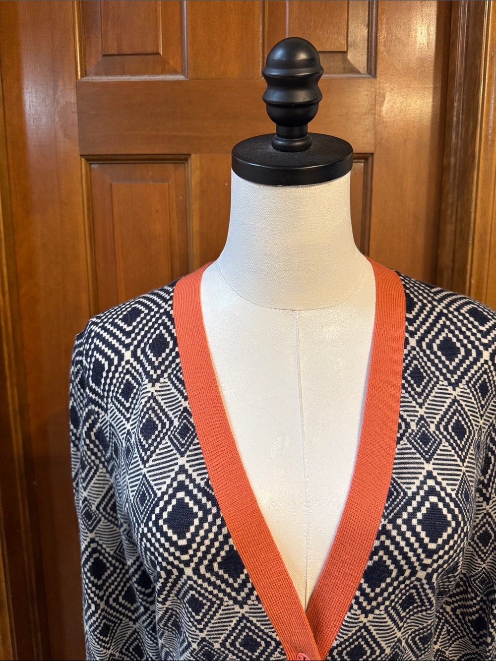 Tory Burch Navy, Cream and Coral Geometric Button Cardigan Size M
